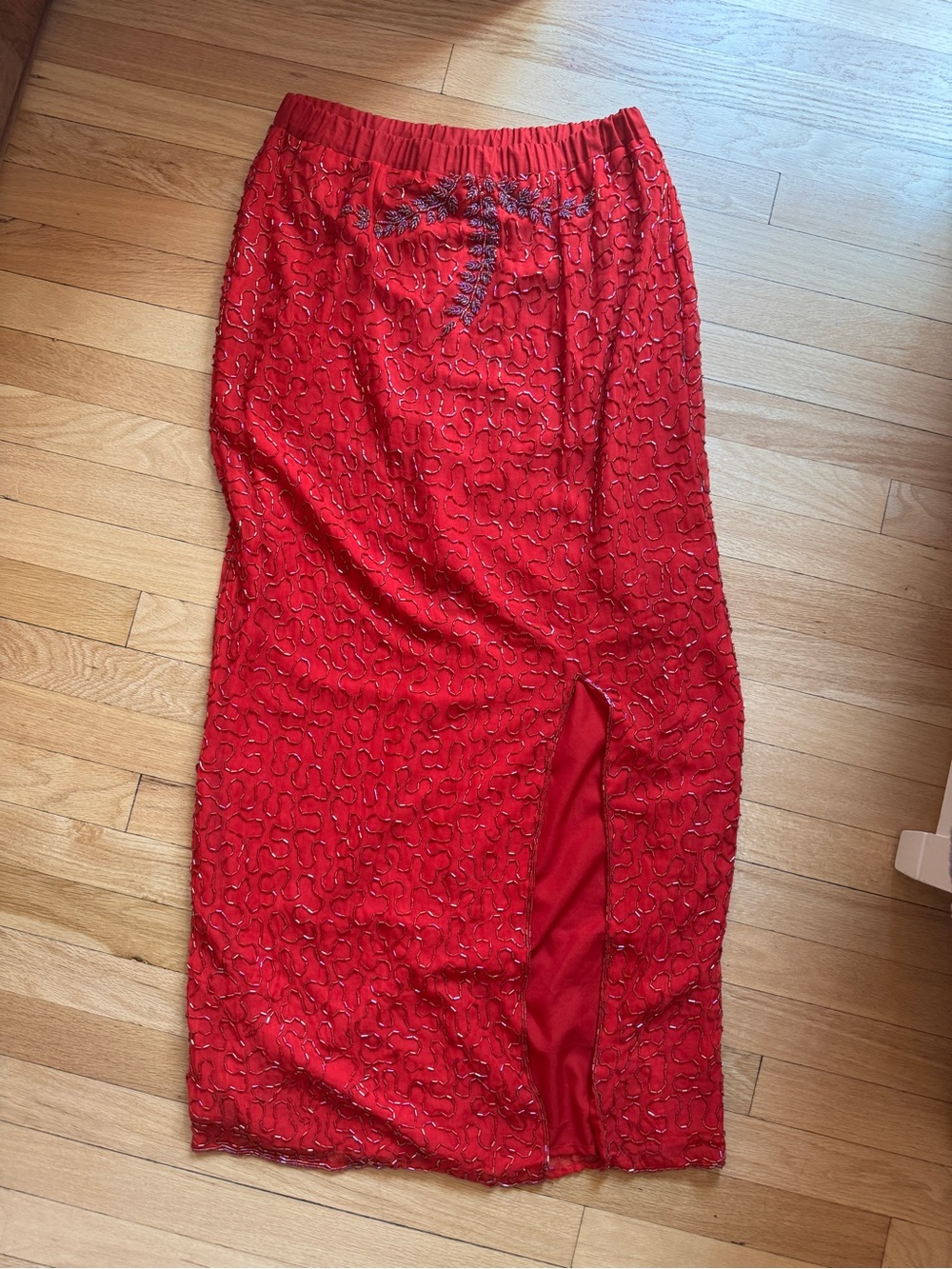 Red Embellished Maxi Skirt